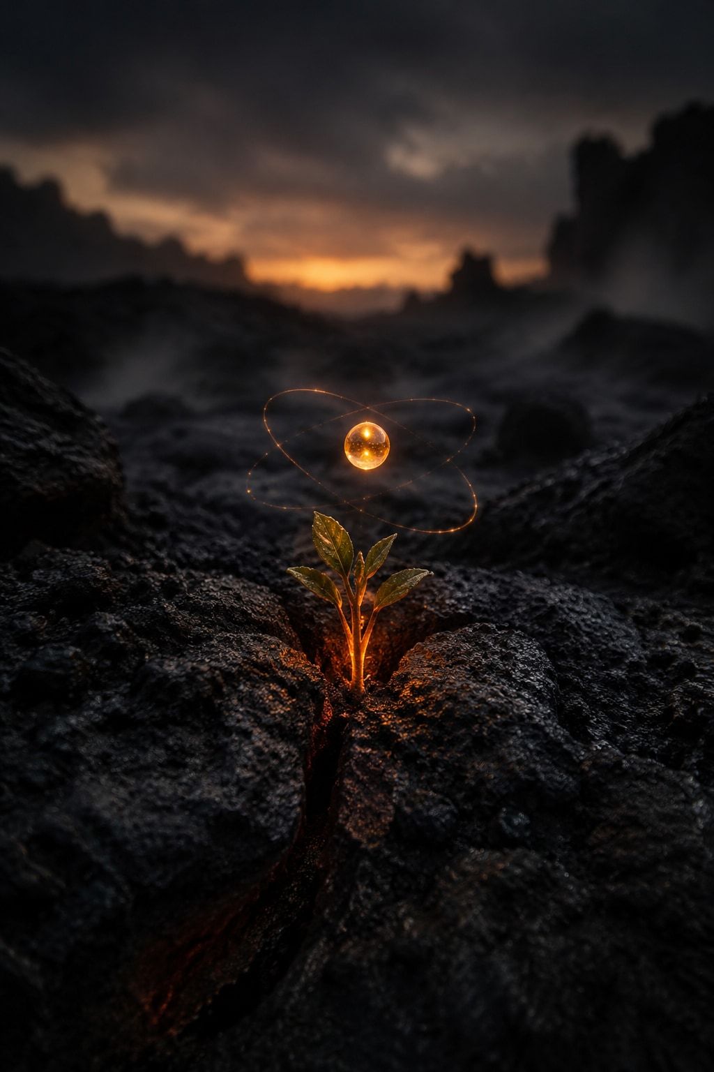 Un germoglio nasce da una roccia vulcanica scura; sopra di lui un atomo luminoso arancione con le sue orbite.